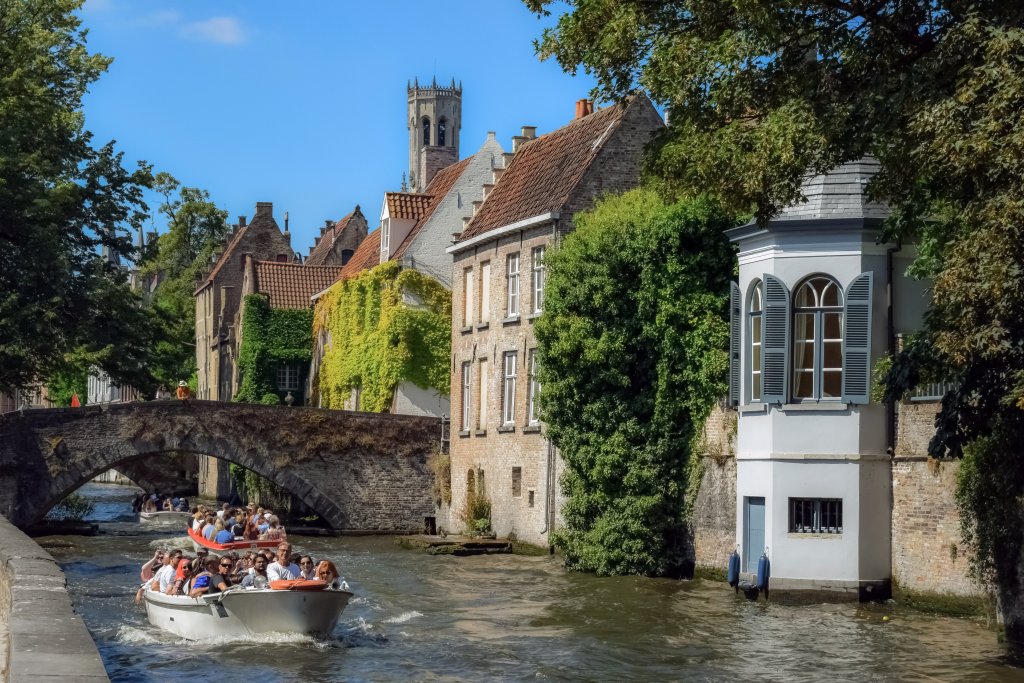 Canal and historic buildings in Bruges, Belgium