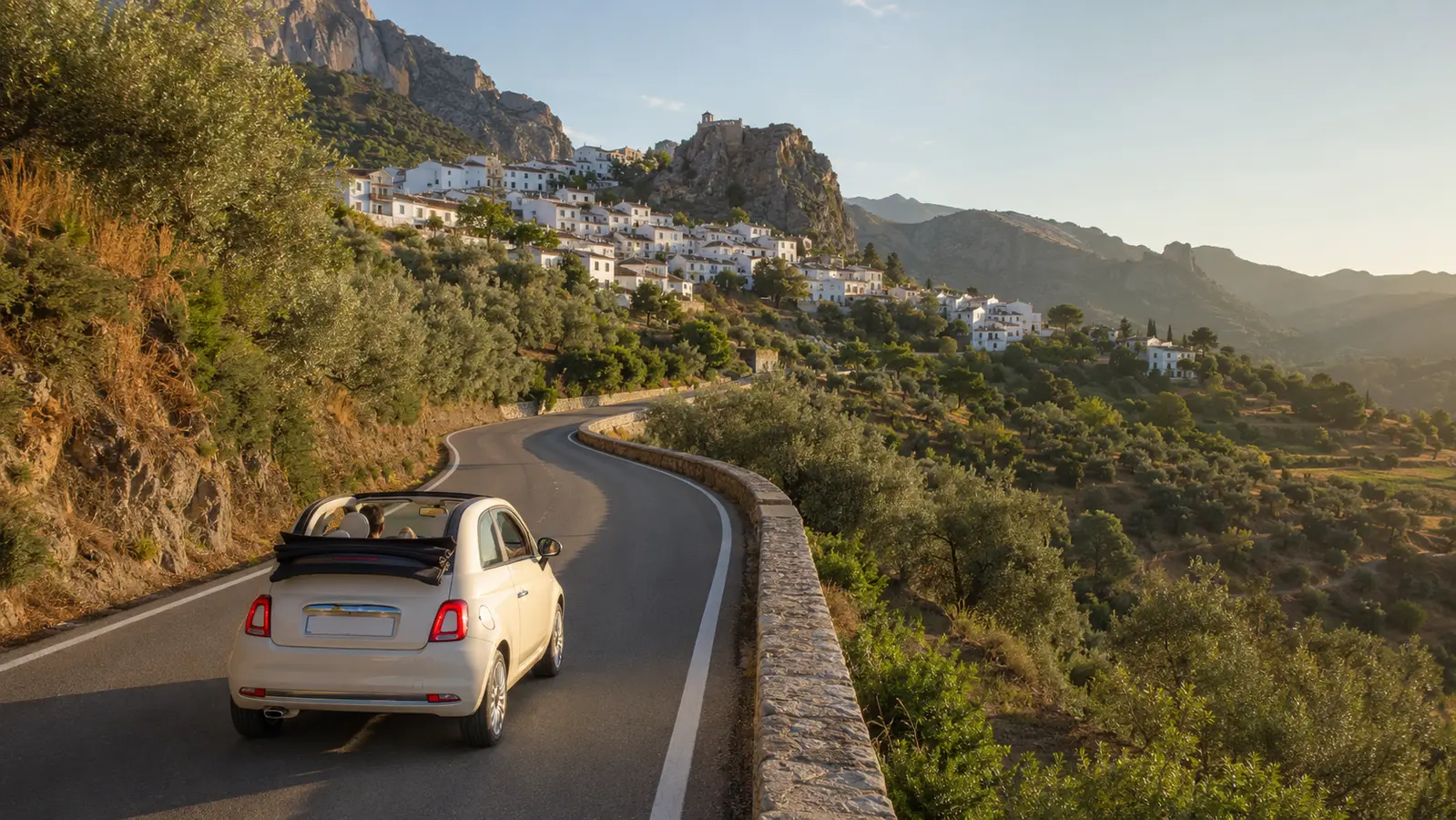 Compact car driving towards a white hill village in the Andalusian mountains