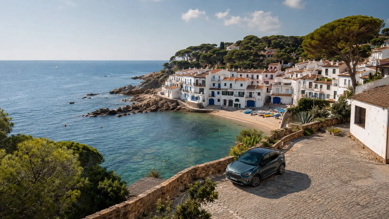 Turquoise Costa Brava cove and white fishing village on the road-trip route