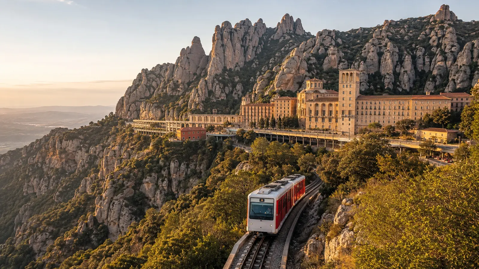 Montserrat Monastery and rack railway beneath the Catalan mountain